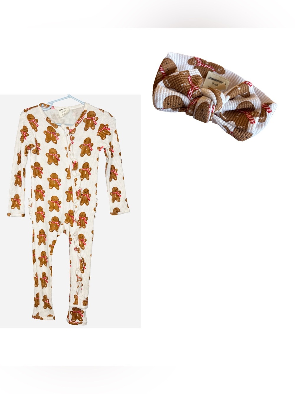 Gingerbread Print Kids Pajamas White with Brown with hair bow  18-24 months